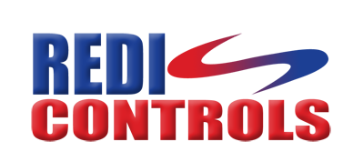 Logo with text "REDI CONTROLS" in bold blue and red letters, featuring a stylized red and blue swirl design above the text.