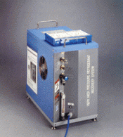 A blue and silver machine with a box on top of it.